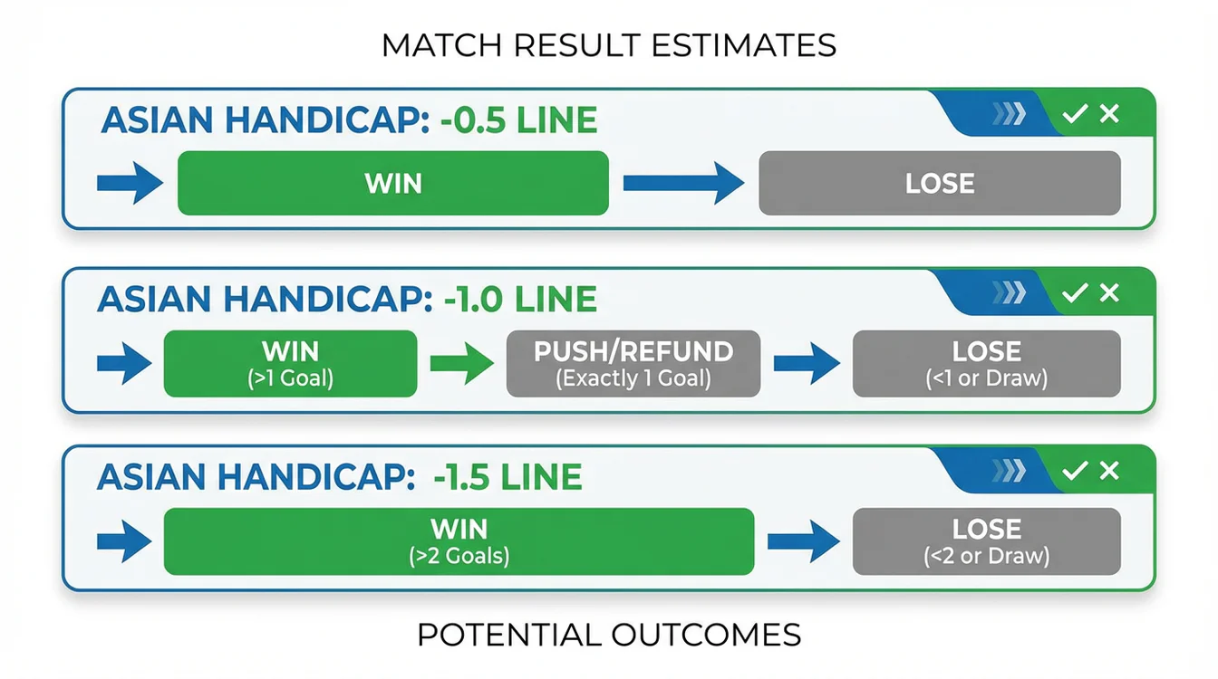 Diagrama visual mostrando diferentes linhas de handicap asiático com exemplos de resultados