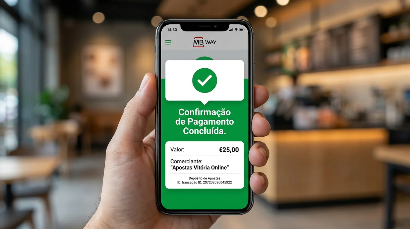 Ecrã de smartphone mostrando confirmação de pagamento MB Way para casa de apostas