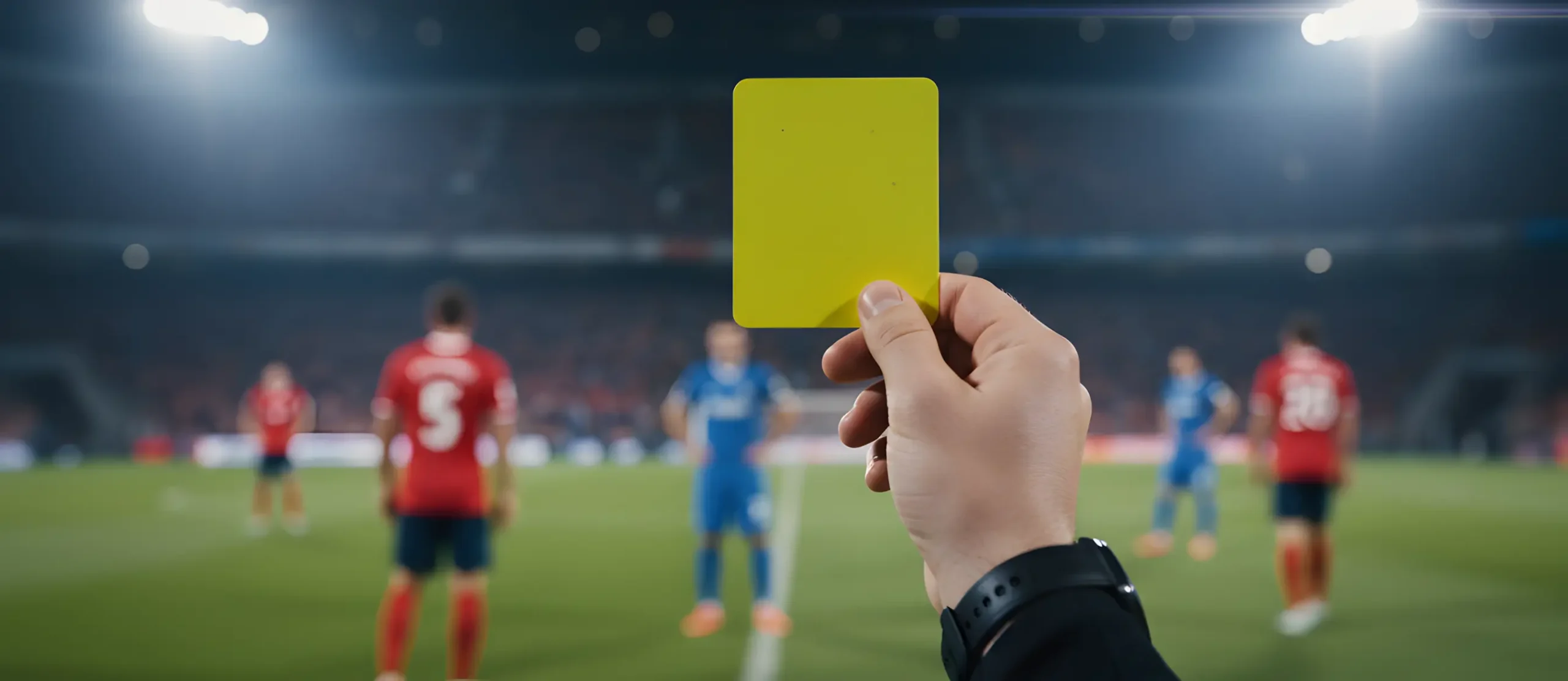 Árbitro de futebol a mostrar cartão amarelo durante um jogo com jogadores desfocados no fundo