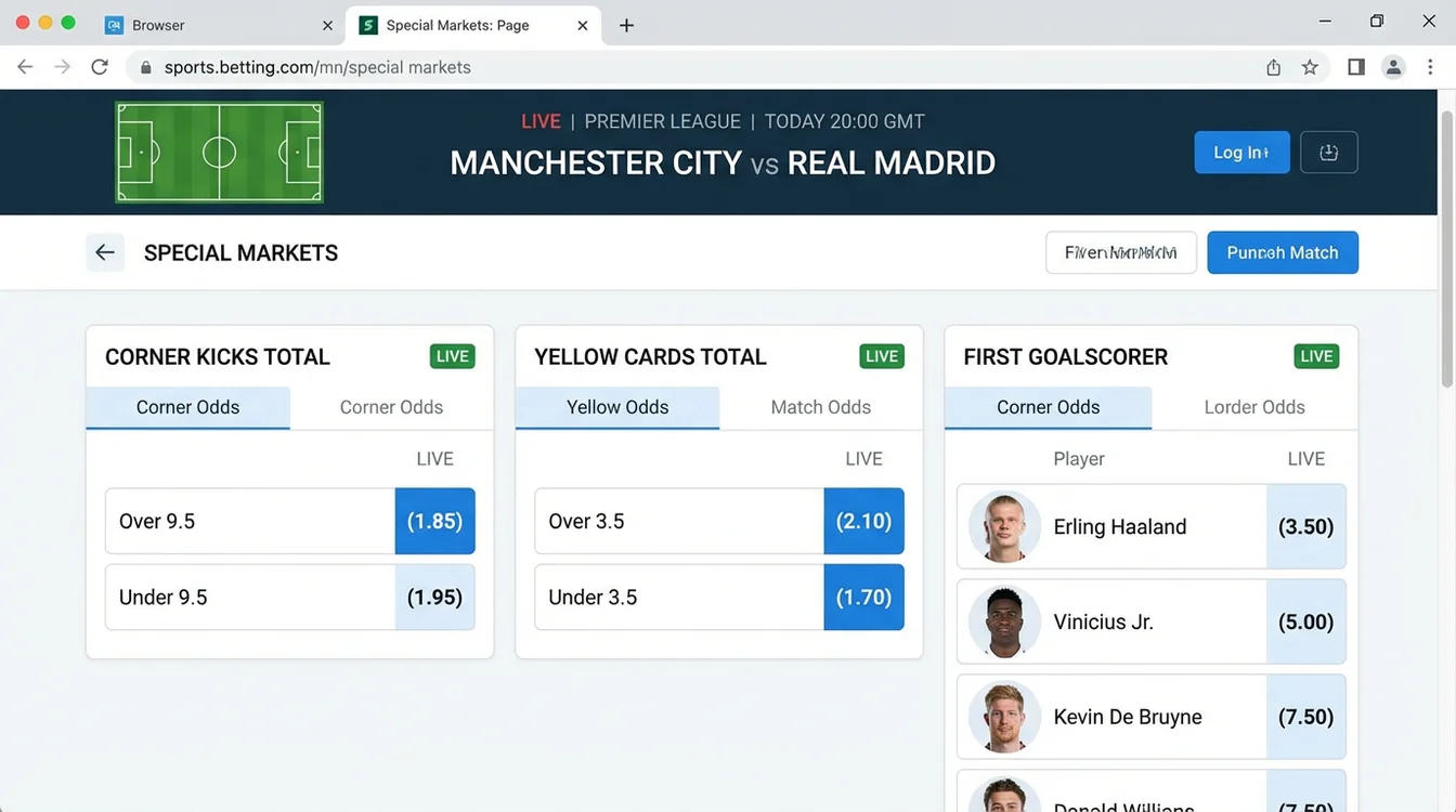 Interface de plataforma de apostas mostrando mercados especiais de cantos e cartões num jogo de futebol