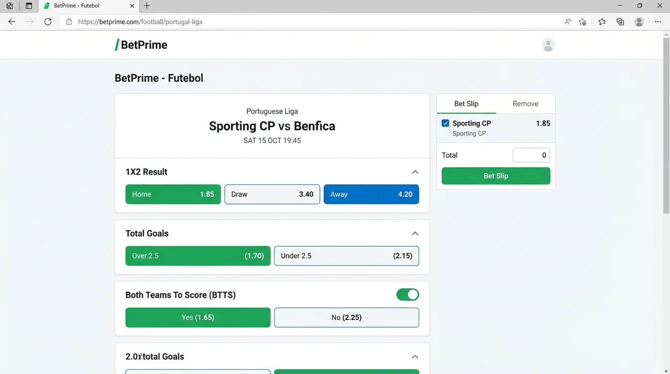 Interface de plataforma de apostas mostrando mercados 1X2 e Over/Under para jogo da Liga Portugal