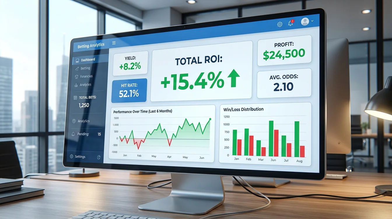 Dashboard com métricas de apostas mostrando ROI, yield e taxa de acerto em gráficos