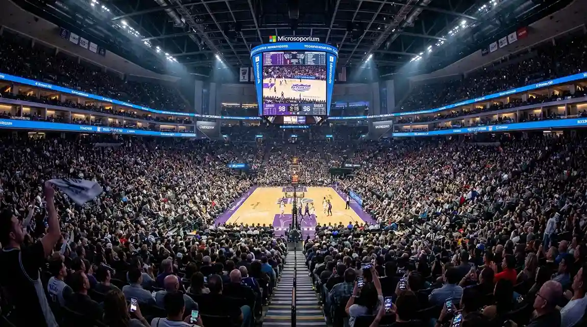 Arena da NBA durante jogo com bancadas cheias e campo iluminado