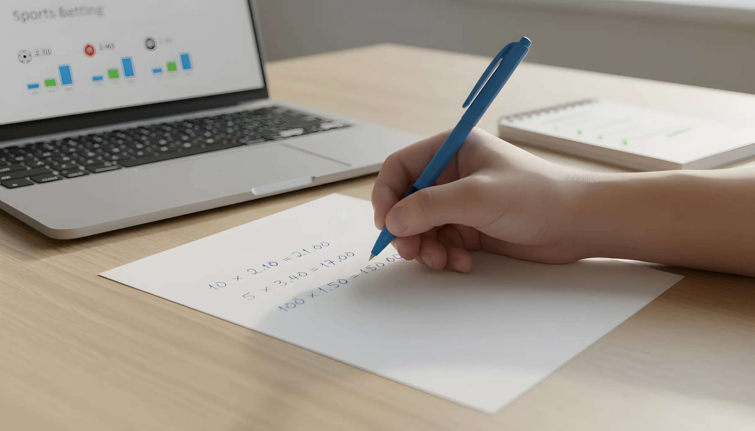 Mãos a escrever cálculos de odds em papel com portátil a mostrar interface de apostas