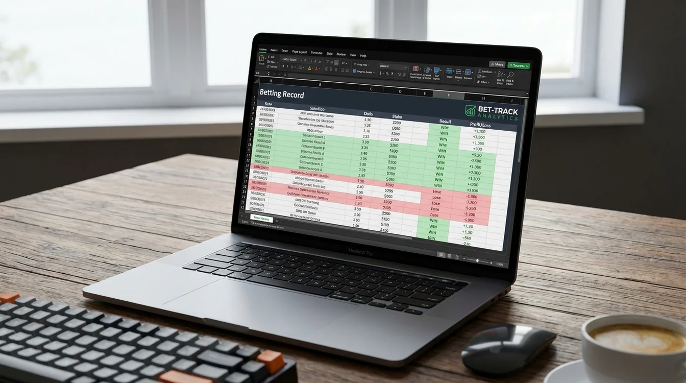 Folha de cálculo de registo de apostas com colunas de data, stake, odds e resultado