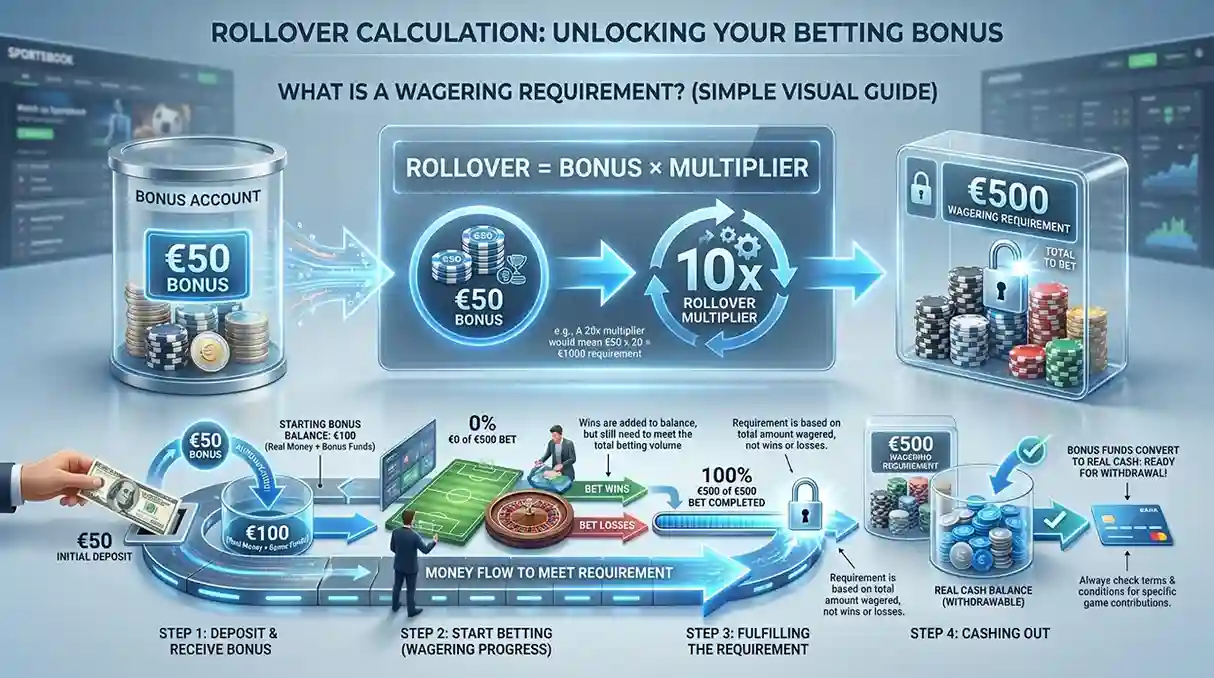 Infográfico mostrando cálculo de rollover com fórmulas e exemplos numéricos