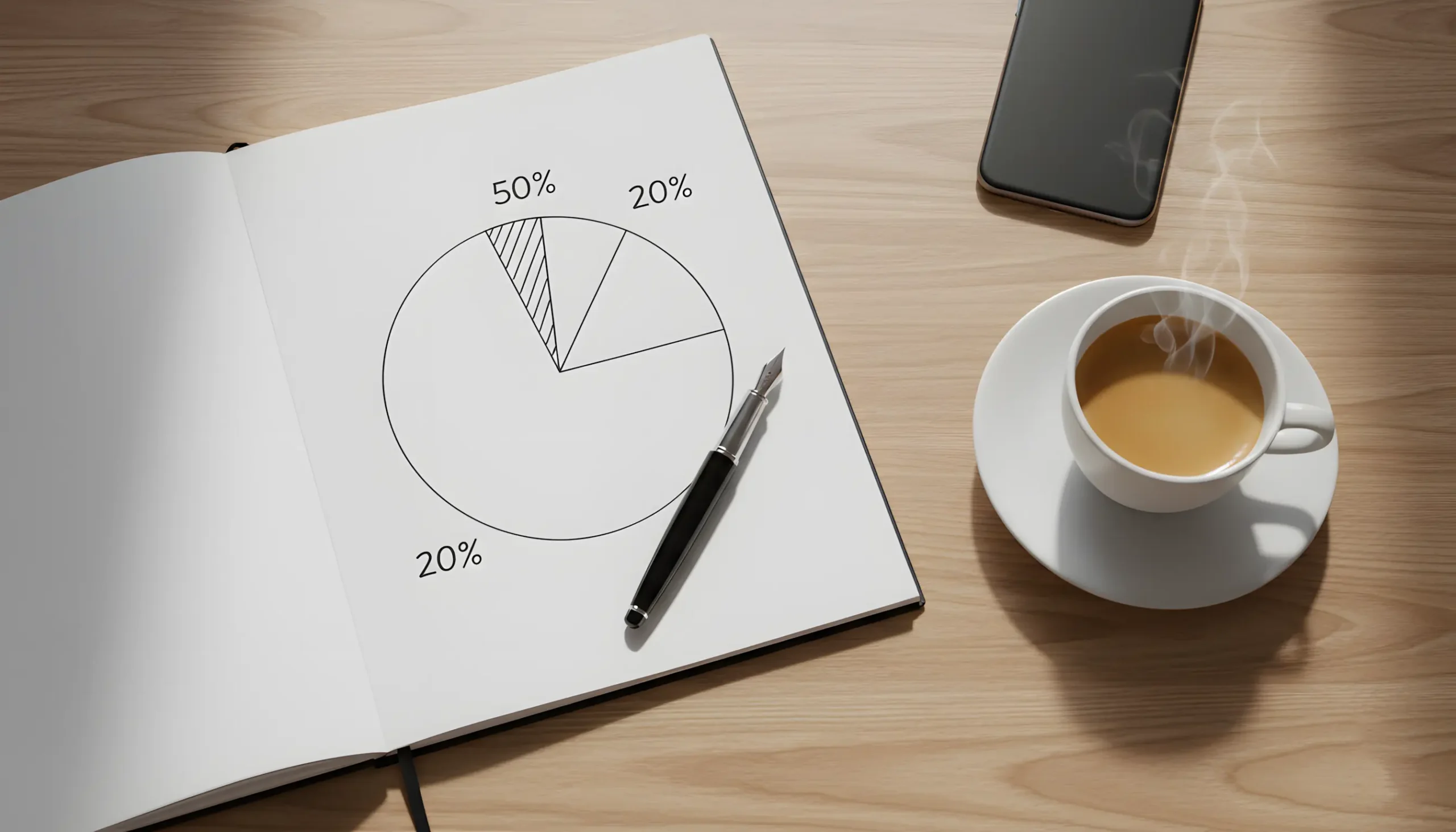 Mesa organizada com caderno mostrando diagrama de alocação percentual para gestão de banca