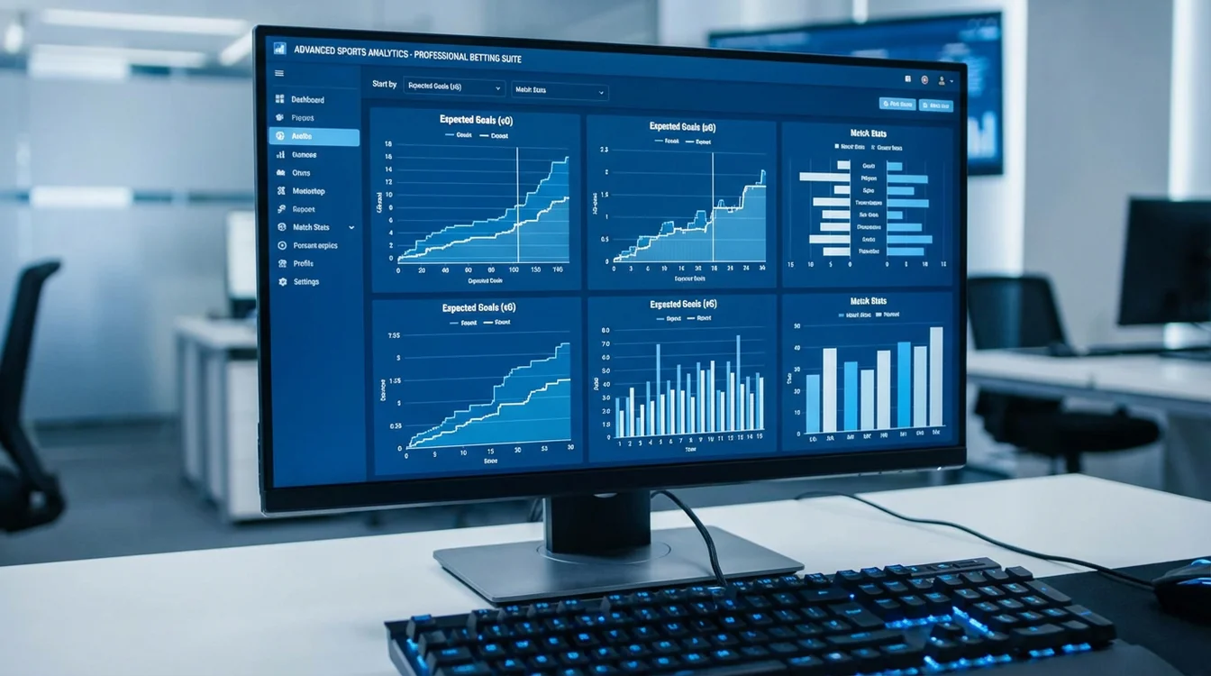 Ecrã de computador com estatísticas de futebol e métricas de expected goals visíveis