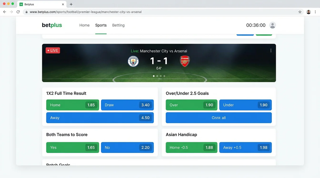 Interface de plataforma de apostas mostrando diferentes tipos de apostas disponíveis para um jogo de futebol