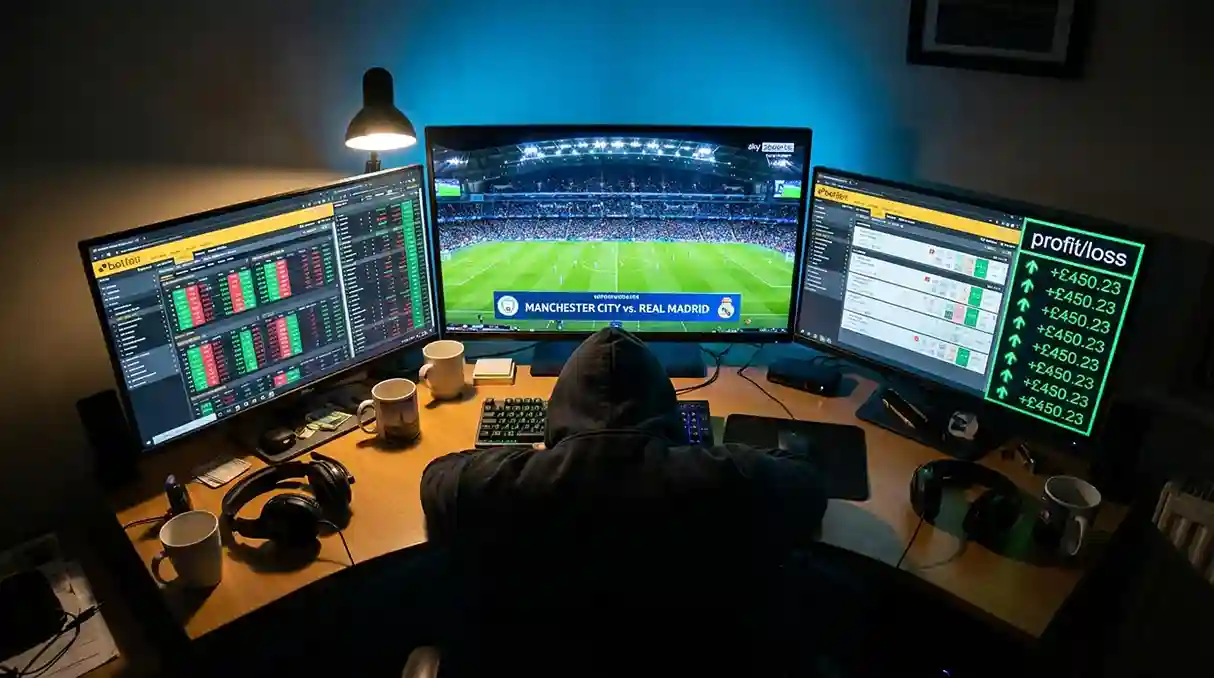 Pessoa a analisar múltiplos ecrãs com gráficos de odds e jogo de futebol em directo