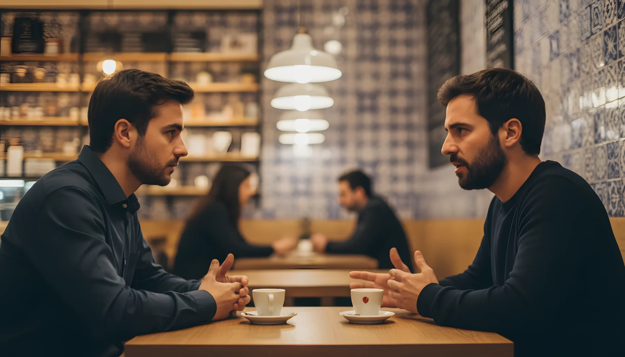 Dois amigos a conversar abertamente sobre apostas num café português