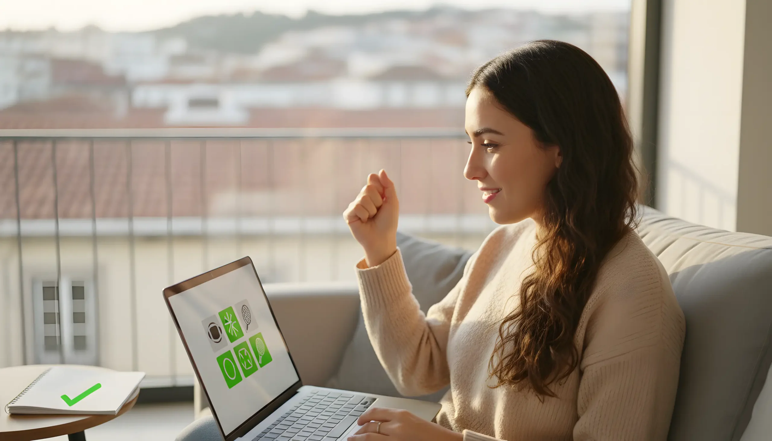 Mulher jovem com expressão de descoberta ao analisar odds no portátil